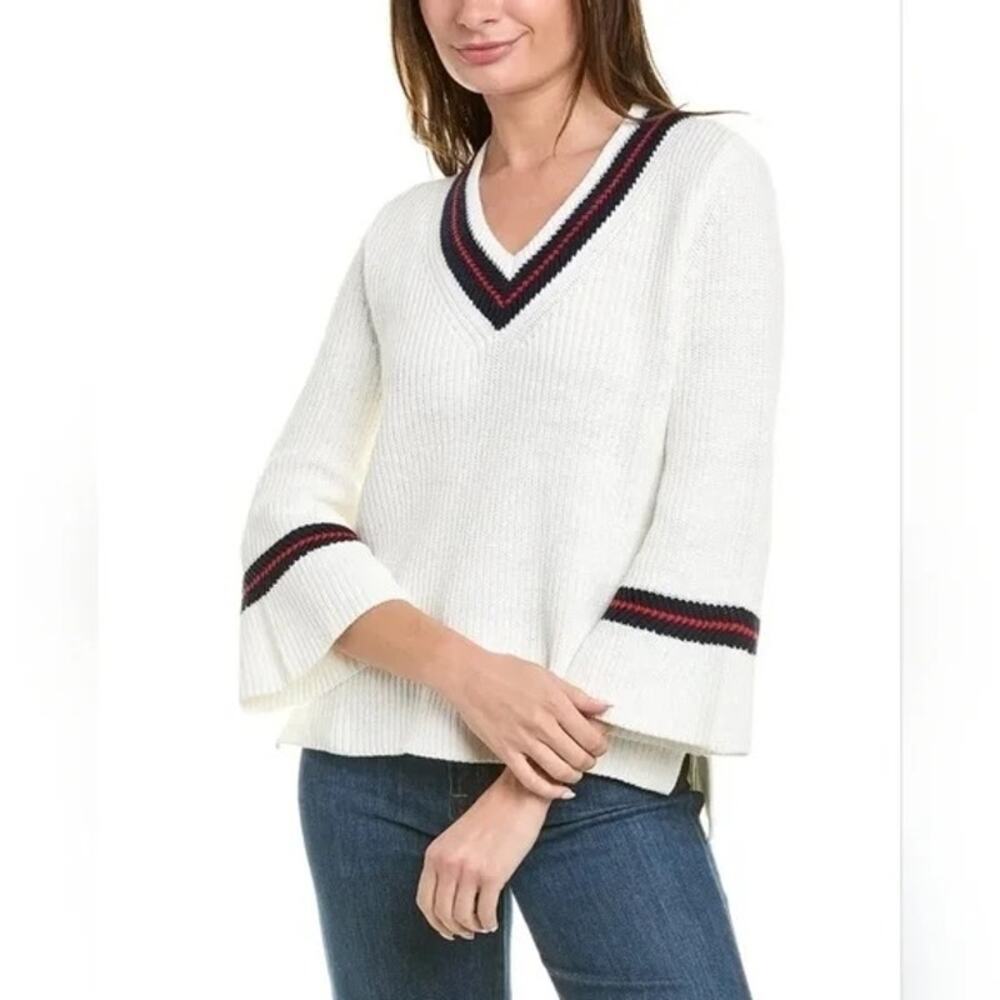 CAbi Retro Tennis Ace V Neck Ribbed Knit 3/4 Bell Sleeve Sweater Women's Size XS